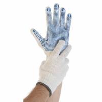Strikhandsker med dotter, Size 8/M nylon/polyamid, hvid/bl&aring;, Pakke a 12 par