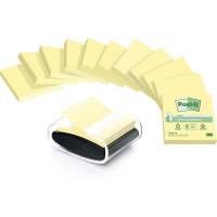 Post-it, Post-it, Recycled, gul, 76x76mm inkl. 1 millenium dispenser pakke a 12 stk