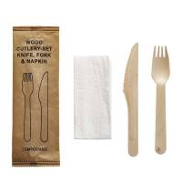 Tr&aelig;bestik, tr&aelig;, tr&aelig;, Cutlery set Pakke med 500 s&aelig;t, palle a 35 kartoner Knife/Fork/Napkin, F&oslash;devaregodkendt