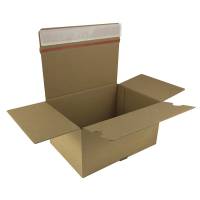 Post&aelig;ske, indre dim: 165 x 135 x 75 mm 1-lags,E-flute, 2.000 mm, FEFCO 0701 m/Automatbund selvkl&aelig;bende lukning, afrivnin, brun bundt a 20 stk, palle 3840 stk FSC Mix 70\%