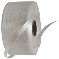 Strapb&aring;nd, Polyester, v&aelig;vet p&aring; langs 16 mm x 850.00 m, kernediameter: 76 mm brudstyrke styrke 486 kg, hvid rullev&aelig;gt: 4.44 kg, kasse a 2 ruller palle a 90 ruller