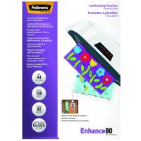 Selvkl&aelig;bende lamineringslommer, Fellowes 80&micro;m, Gloss, Selvkl&aelig;bende 216x303mm transparent  pakke a 100 stk