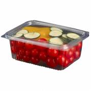 Plastbakke, m/h&aelig;ngslet l&aring;g 1000 ml 182x142x70mm PET, transparent, karton a 400 stk F&oslash;devaregodkendt