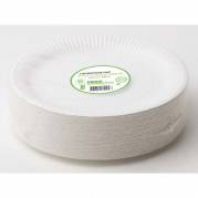 Tallerken frokost, Rund indvendig diameter 230.0 mm biologisk nedbrydeligt papir, hvid Compostable laminated, pakke a 100 stk kasse a 8 pakker, palle a 28 kartoner F&oslash;devaregodkendt