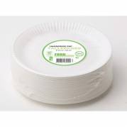 Tallerken Middag, Rund indvendig diameter 180.0 mm biologisk nedbrydeligt papir, hvid Compostable laminated, pakke a 100 stk kasse med 10 pakker, palle a 40 kartoner F&oslash;devaregodkendt