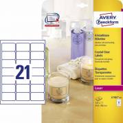 Laseretiket, Avery, L7782-25 63.50mmx38.10mm transparent antal etiketter pr. ark : 21 pakke med 525 stk