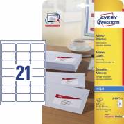 Etiket, Avery, J8160-25, Inkjet 99.10mmx38.10mm hvid, antal etiketter pr. ark : 21 pakke med 525 stk, FSC Mix Credit