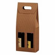 Gave&aelig;ske til vin, udvendig dim: 180 x 90 x 410 mm, indre dim: 180 x 90 x 380 mm 1-lags,B-flute, s&aelig;rligt design med h&aring;ndtag, Kraftliner, brun, 2 flasker pakke a 20 stk