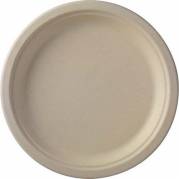 Tallerken frokost, Rund indvendig diameter 220.0 mm, biobaseret brun, Bagasse, pakke a 50 stk kasse med 10 pakker, palle a 25 kartoner F&oslash;devaregodkendt