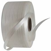 Strapb&aring;nd, Polyester, v&aelig;vet p&aring; langs 16 mm x 850.00 m, kernediameter: 76 mm brudstyrke styrke 486 kg, hvid rullev&aelig;gt: 4.44 kg, kasse a 2 ruller palle a 90 ruller