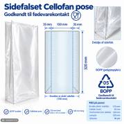 Cellofanpose, 30 &micro;m 150 x 70 x 320 mm, BOPP, transparent pakke a 1000 stk, palle 32 pakker palle a 32 kartoner, F&oslash;devaregodkendt