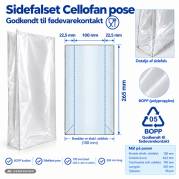 Cellofanpose, 30 &micro;m 100 x 45 x 265 mm, BOPP, transparent pakke a 1000 stk, palle 100 pakker palle a 100 kartoner, F&oslash;devaregodkendt