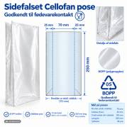 Cellofanpose, 30 &micro;m 50 x 70 x 250 mm, BOPP, transparent pakke a 1000 stk, palle a 288 pakker palle a 288 kartoner, F&oslash;devaregodkendt