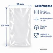 Cellofanpose, 30 &micro;m 90 x 175 mm, BOPP, transparent pakke a 1000 stk, palle 100 pakker palle a 100 kartoner, F&oslash;devaregodkendt