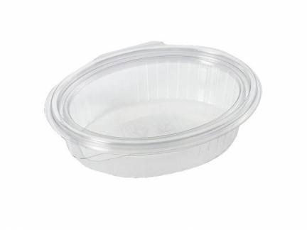 Plastbakke m/hængsl. låg 50stk R-PET oval 370ml 166x131x45mm