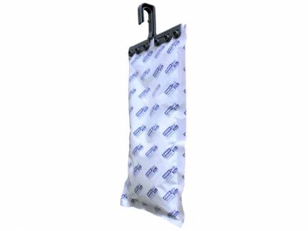 Tørremiddelpose, 1 pose med ophæng taske, Ikke-vævet PP, Ler/Calciumklorid med hængende stænger, hvid karton a 60 stk, Fødevaregodkendt