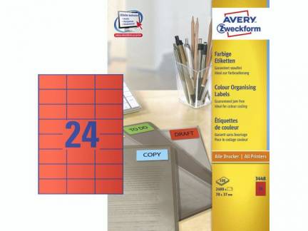 Etiket 70x37mm rød Avery 3448 24stk/ark 100ark/pak