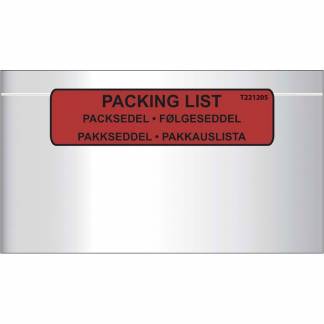 F&oslash;lgeseddellommer, LD, 240 x 140 mm transparent red-black printed Packing list, LD-PE karton a 1000 stk