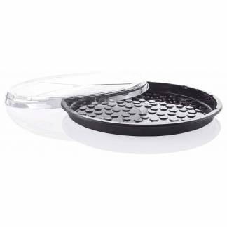 L&aring;g t/plastbakke, F&aelig;rch, P 78-50A., Rund &Oslash; 330, h&oslash;jde 23, v&aelig;gt: 301 PET, transparent, T/Pizza and Tapas tray karton a 60 stk F&oslash;devaregodkendt