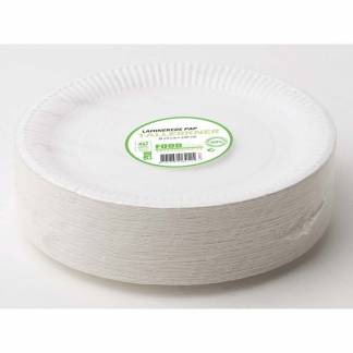 Tallerken frokost, Rund indvendig diameter 230.0 mm biologisk nedbrydeligt papir, hvid Compostable laminated, pakke a 100 stk kasse a 8 pakker, palle a 28 kartoner F&oslash;devaregodkendt