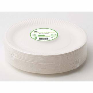 Tallerken frokost, Rund indvendig diameter 230.0 mm biologisk nedbrydeligt papir, hvid komposterbar, pakke a 100 stk kasse med 10 pakker, palle a 28 kassees F&oslash;devaregodkendt