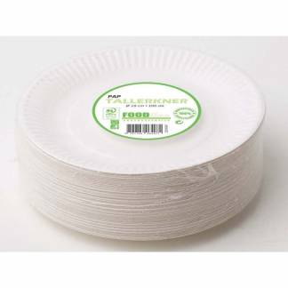 Tallerken Middag, Rund indvendig diameter 180.0 mm biologisk nedbrydeligt papir, hvid komposterbar, pakke a 100 stk kasse med 10 pakker, palle a 40 kassees F&oslash;devaregodkendt