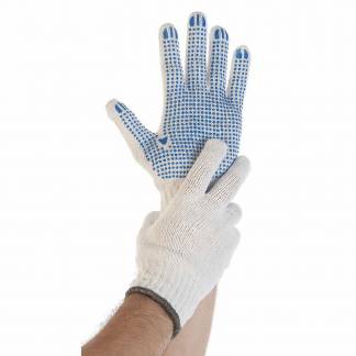 Strikhandsker med dotter, Size 9/L nylon/polyamid, hvid/bl&aring;, Pakke a 12 par