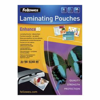 Selvkl&aelig;bende lamineringslommer, Fellowes Premium, 80&micro;m, Selvkl&aelig;bende transparent  pakke a 100 stk