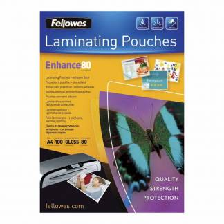 Selvkl&aelig;bende lamineringslommer, Fellowes 80&micro;m, Selvkl&aelig;bende, 216x303mm transparent  pakke a 100 stk