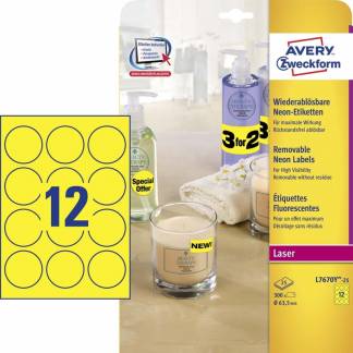 Laseretiket, Avery, L7670Y-25 63.50mm yellow, antal etiketter pr. ark : 12 pakke a 300 stk, FSC Mix Credit