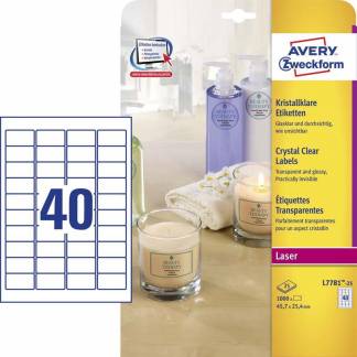 Laseretiket, Avery, L7781-25 45.70mmx25.40mm transparent antal etiketter pr. ark : 40 pakke a 1000 stk