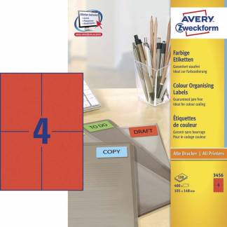 Universeletiket, Avery, 3456 105x148mm r&oslash;d, antal etiketter pr. ark : 4 pakke a 400 stk, FSC Mix Credit