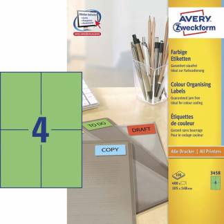 Universeletiket, Avery, 3458 105x148mm gr&oslash;n, antal etiketter pr. ark : 4 pakke a 400 stk, FSC Mix Credit