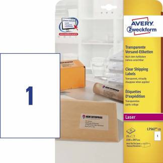Laseretiket, Avery, L7567-25 210x297mm transparent, antal etiketter pr. ark : 1 pakke a 25 stk