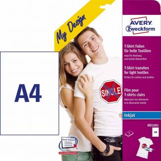 Tekstil tranfers, Avery, MD1001, 2 LINJE Til lyse tekstiker 210x297mm hvid, antal etiketter pr. ark : 1 pakke a 5 stk