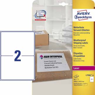 Laseretiket, Avery, L7996-25 Vejrbestandig, Non.Perm. 199.60mmx42.30mm hvid, antal etiketter pr. ark : 2 pakke a 50 stk