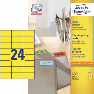 Universeletiket, Avery, 3451 70x37mm gul, antal etiketter pr. ark : 24 pakke med 2400 stk, FSC Mix Credit