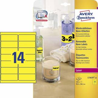 Universeletiket, Avery, L7263Y-25 99x38mm gul, antal etiketter pr. ark : 14 pakke med 350 stk, FSC Mix Credit