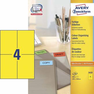Universeletiket, Avery, 3459 105x148mm gul, antal etiketter pr. ark : 4 pakke a 400 stk, FSC Mix Credit