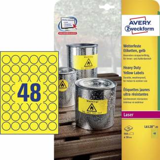 Laseretiket, Avery, L6128-20 Vejrbestandig gul, antal etiketter pr. ark : 48 pakke med 960 stk