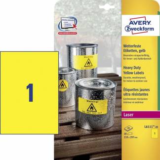 Laseretiket, Avery, L6111-20 210x297mm gul, antal etiketter pr. ark : 1 pakke a 20 stk