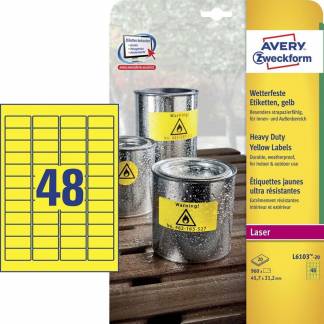 Laseretiket, Avery, L6103-20 Vejrbestandig 45.70mmx21.20mm gul, antal etiketter pr. ark : 48 pakke med 960 stk