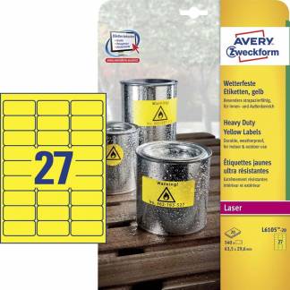Laseretiket, Avery, L6105-20 Vejrbestandig 63.50mmx29.60mm gul, antal etiketter pr. ark : 27 pakke med 540 stk