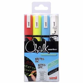 Whiteboardmarker, Uniball Chalk PWE-5M 4S, 2,5mm, Rund spids, assorteret 401572, S&aelig;t med 4 stk