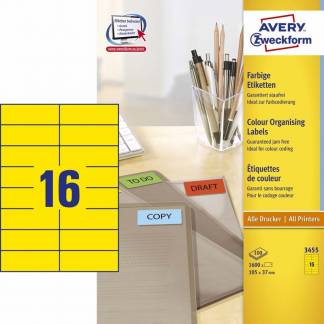 Universeletiket, Avery, 3455 105x37mm gul, antal etiketter pr. ark : 16 pakke med 1600 stk, FSC Mix Credit