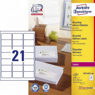 Laseretiket, Avery, LR7160-100 63.50mmx38.10mm hvid, antal etiketter pr. ark : 21 pakke med 2100 stk
