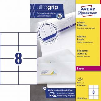 Laseretiket, Avery, L7183-100 105x74mm hvid, antal etiketter pr. ark : 8 pakke a 800 stk, FSC Mix Credit