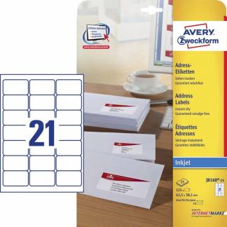 Etiket, Avery, J8160-25, Inkjet 99.10mmx38.10mm hvid, antal etiketter pr. ark : 21 pakke med 525 stk, FSC Mix Credit
