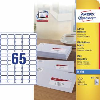Etiket, Avery, J8651-25, Inkjet 38.10mmx21.20mm hvid, antal etiketter pr. ark : 65 pakke med 1625 stk, FSC Mix Credit