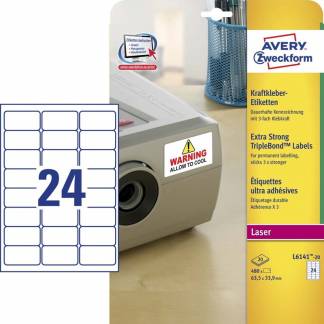 Laseretiket, Avery, L6141-20, TripleBond 63.50mmx33.90mm hvid, antal etiketter pr. ark : 24 pakke med 480 stk